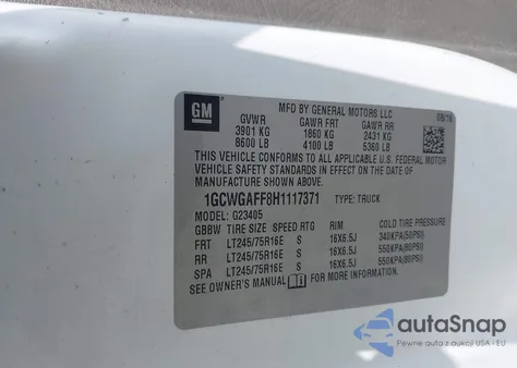 2017 Chevrolet Express 2500 Work Van из США, поврежденный, VIN 1GCWGAFF8H1117371